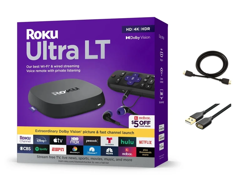 Roku Ultra LT Streaming Device 4K/HDR/Dolby Vision/Dual-Band Wi-Fi with Roku Voice Remote and HDMI Cable, with MTC HDMI Cable and USB Extension Cord