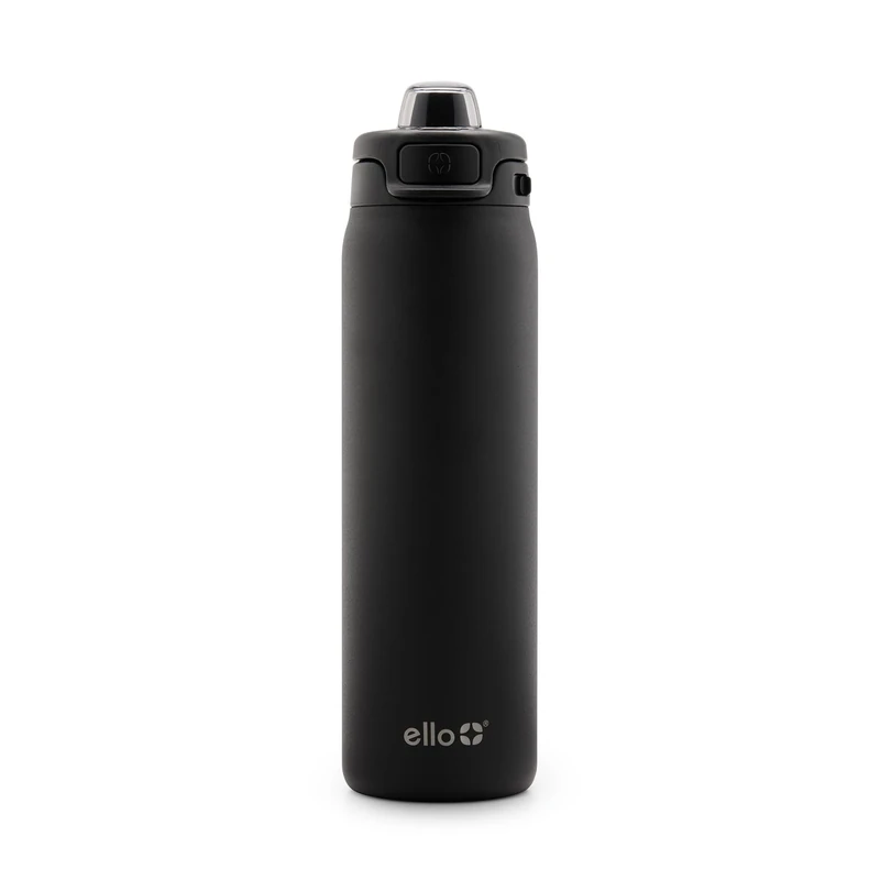 Ello Pop & Fill 22oz Stainless Steel Water Bottle with Quick Fill Technology, Double Walled and Vacuum Insulated Metal, Leak Proof Locking Lid, Sip and Chug, Reusable, BPA Free, Black