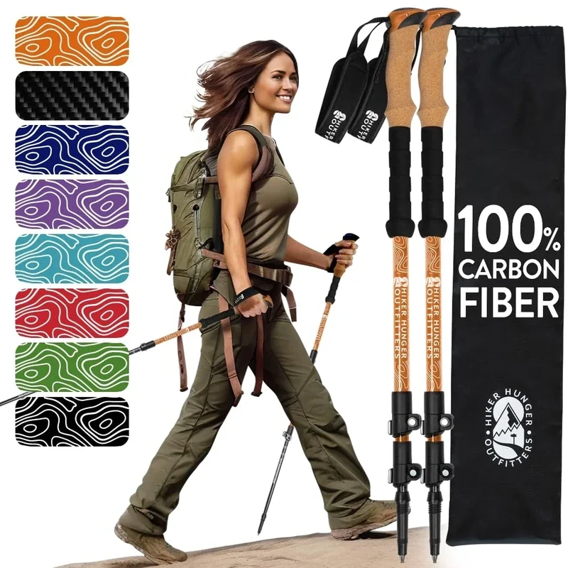 Hiker Hunger Carbon Fiber Trekking Poles | Collapsible Walking Sticks for Travel | Walking Poles for Women | Hiking Poles for Men | Hiking Sticks | Walking Stick - Orange Cork
