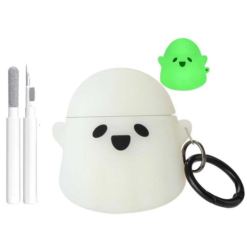 Maxjoy Cute Luminous Ghost Case for AirPods 1st/2nd Generation, Unique Design Funny Kawaii 3D Cartoon Characters Silicone AirPods Case with Cleaner Kit, White Ghost