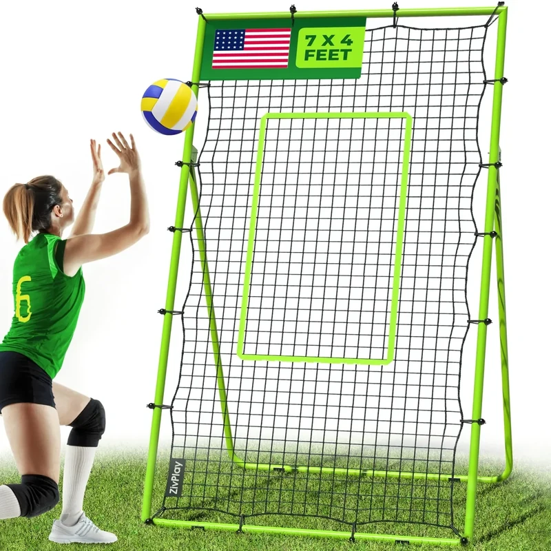 Volleyball Rebounder Net Lacrosse Rebounder Bounce Back Equipment with 5 Adjustable Rebound Angles Ground Stakes Neon Strap for Lacrosse Training and Volley Ball Practice 7x4 ft Color Green