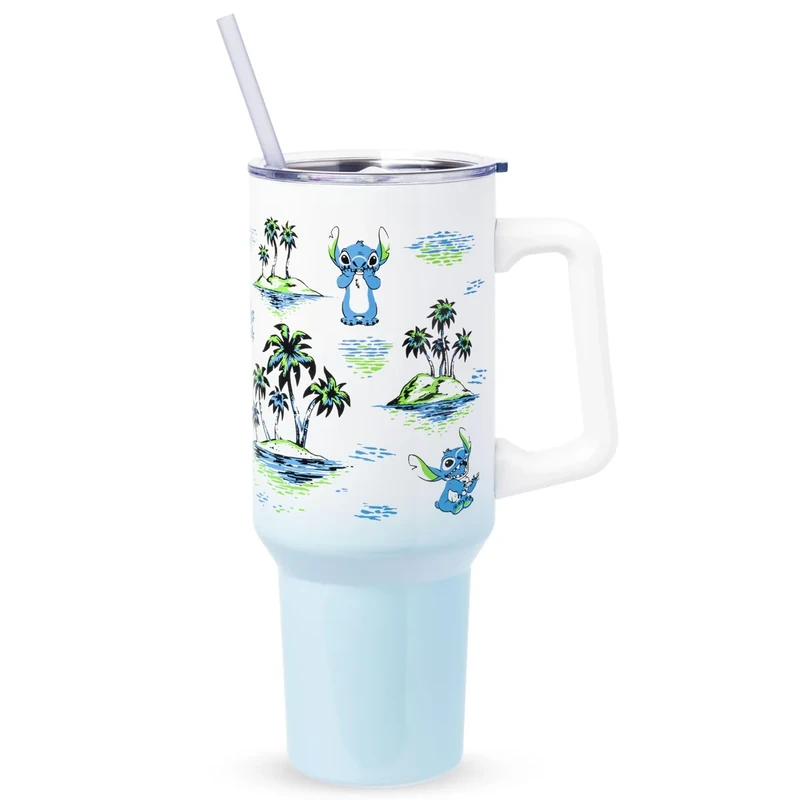 Silver Buffalo Disney Lilo and Stitch Vintage Sketch Palm Trees and Flowers Double Walled Stainless Steel Tumbler with Handle and Straw, Fits in Standard Cup Holder, 40 Ounces