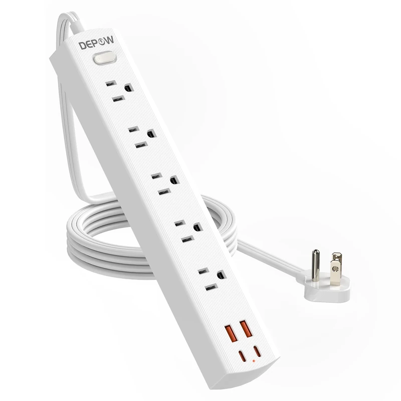 DEPOW Power Strip Surge Protector with 5 AC Outlets(1625W/13A) 4 USB Ports (2 USB C), 5 Ft Ultra Thin Extension Cord, Low Profile Flat Plug, 1700 Joules, Wall Mount for Home Office, White