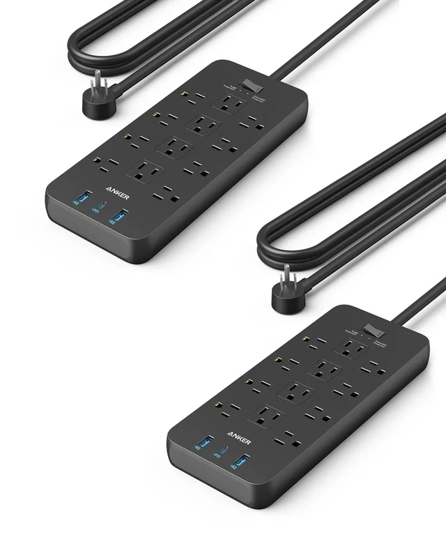 Anker Surge Protector - 12 Outlets, USB-C 20W, 5ft Cord, Pack of 2