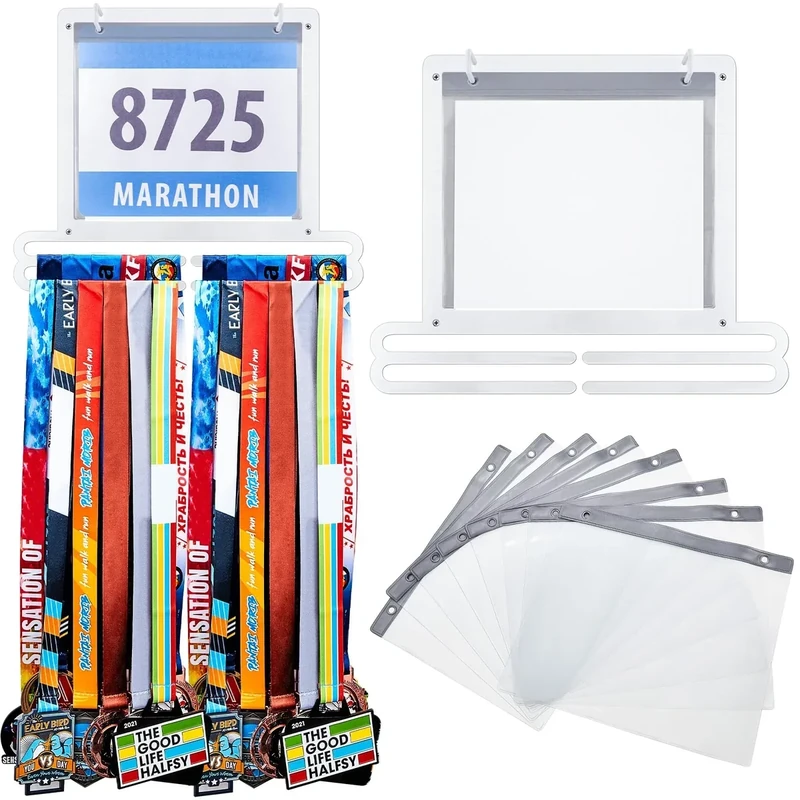 Moxweyeni Race Medal and Bib Display Medal Hanger Running Bib Holder Wall Mounted Hanging Rack stands Gifts for Runners(White,13.78 x 11.22 Inch,Classic)