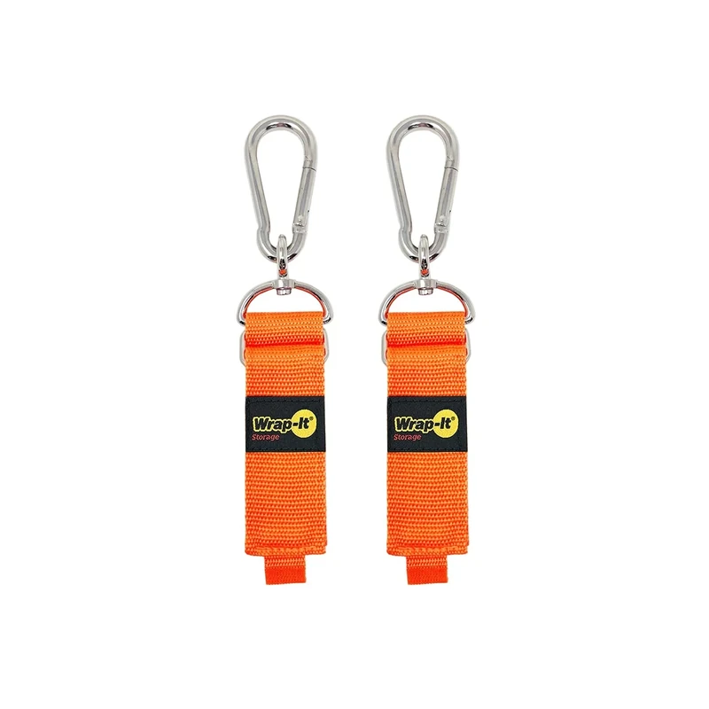 Hook 'n Hang Wrap-It Storage Straps - 12" (2-Pack) Blaze Orange - Carabiner Straps to Use as Extension Cord Holder for Cord Storage or Garden Hose Strap
