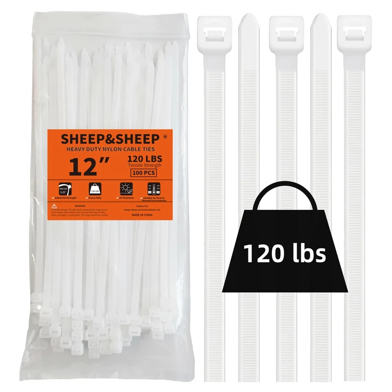 SHEEP&SHEEP White Zip Ties 12 Inch(100 Pieces), Heavy Duty Self-Locking Nylon Cable Ties, 120LBS Tensile Strength, Ideal for Indoor & Outdoor Use
