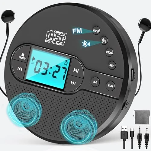 AFU CD Player - Bluetooth, FM & AUX, 2000mAh Battery, Anti-Skip
