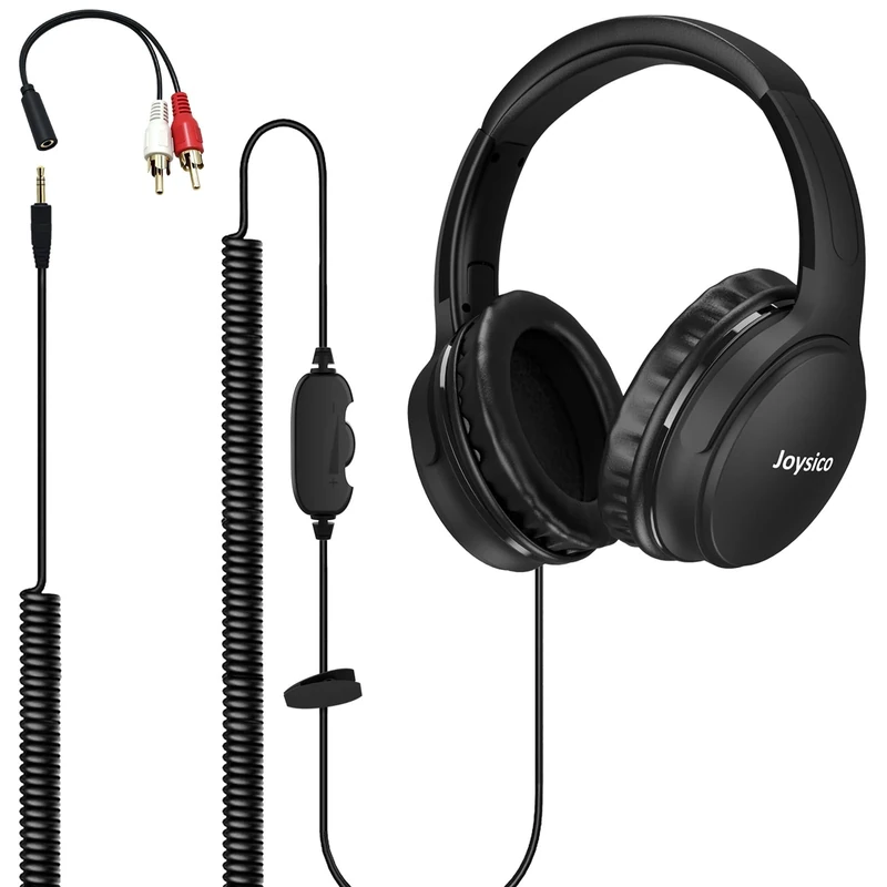 Joysico 19.5Ft / 6M Extra Long Cord Headphones for TV PC with Volume Control, Spring Coiled Cable, 3.5mm AUX, Wired Over Ear Earphones for Seniors Hard of Hearing, Large Comfortable Computer Headset
