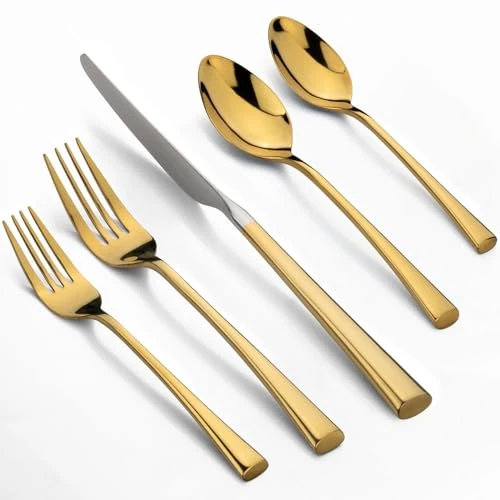 Alata Bailey Gold 20-Piece Forged Stainless Steel Flatware Set Cutlery Set,Service for 4,Silver Finish,Dishwasher Safe