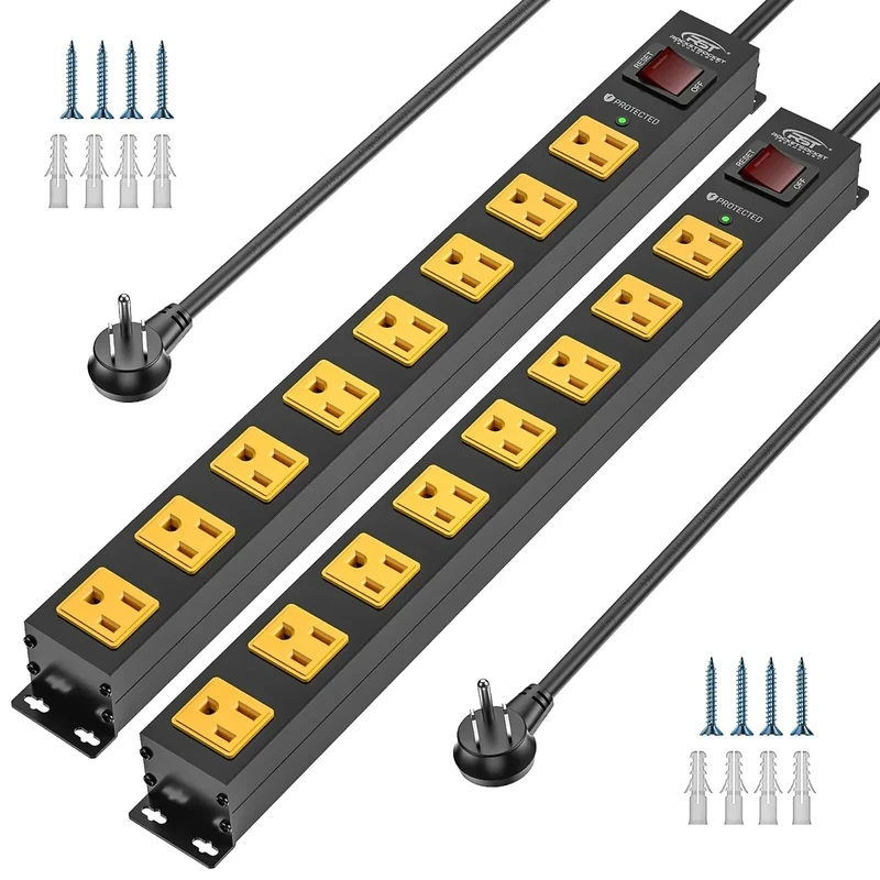 CRST 2 Pack 8 Outlet Metal Heavy Duty Power Strip with Switch, 2100J Surge Protector, Mountable Wide Spaced Workshop Garage Power Strip, 6 FT 14AWG, 15A/1875W