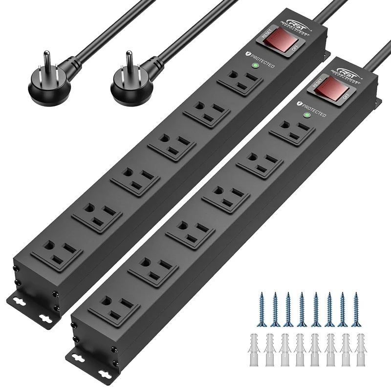 CRST 2Pack 6 Outlet Heavy Duty Power Strip with Switch, 15A/1875W Metal Mountable Power Strip Surge Protector 2100Joules, Wide Spaced Power Bar for Garage Worshop Home School, 6 FT Cord(Black)
