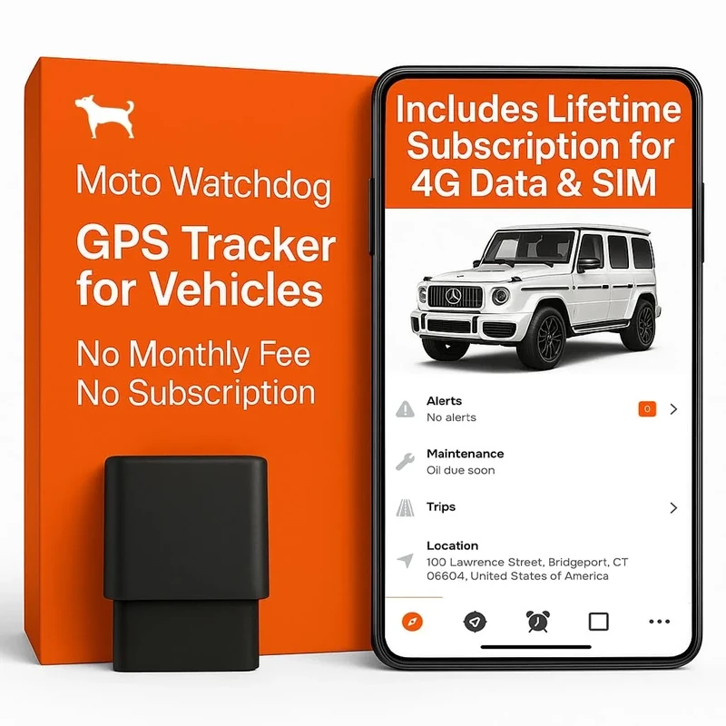 GPS Tracker for Vehicles No Monthly Fee, No Subscription, 4G SIM and Data Included, Business Fleets, Diagnostics, Speeding Alerts, Trip History, Mileage Tracking, Geofence, OBD, USA, Moto Watchdog