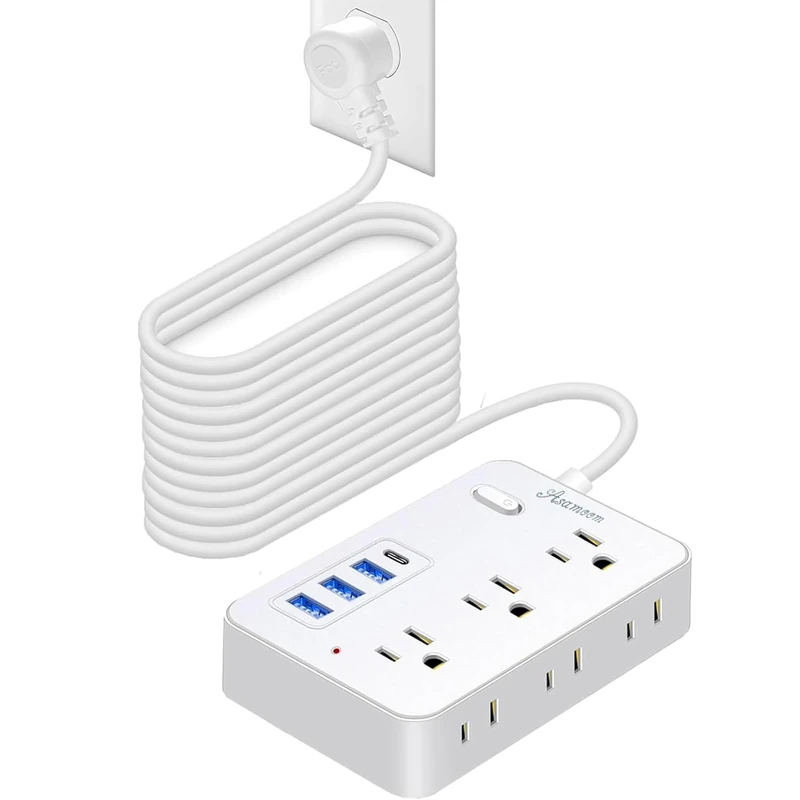 15 FT Extension Cord with Multiple Outlets, Asamoom 15 ft Surge Protector Power Strip with 6 Outlets with 4 USB Ports(1 USB C)，Flat Plug with Long Cord 1700 Joules Protection for Home Office White