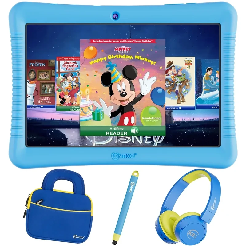 Contixo 10" Android Kids Tablet Bundle - 32GB, 80+ Disney Storybooks ($350 Value), Parental Controls, Kid-Proof Case w/Kickstand & Stylus, Headphones & Sleeve Bag - Blue