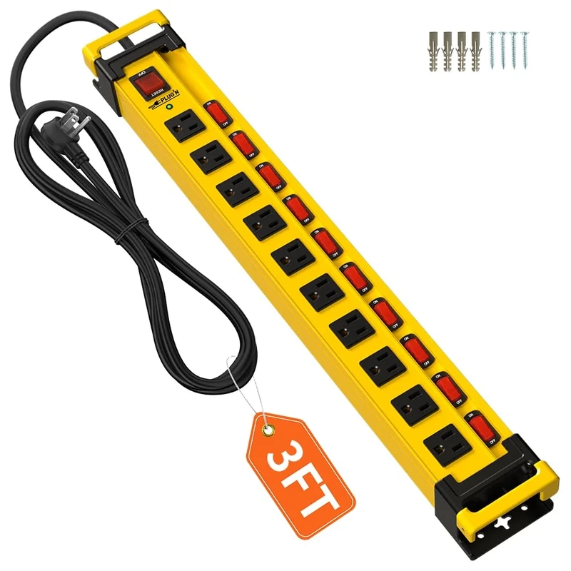 Plug'n 10 Outlet 3300J Surge Protector Power Strip with Individual Switches,Heavy Duty Metal Power Strip with Cord Manager,3FT/14AWG/15AMP/1875W Power Cord for Workshop,Garage