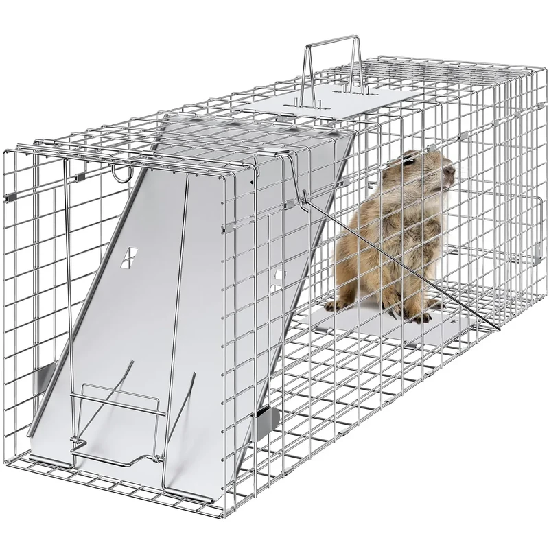 VEVOR Live Animal Cage Trap, 31" x 10" x 12" Humane Cat Trap Galvanized Iron, Folding Animal Trap with Handle for Rabbits, Stray Cats, Squirrels, Raccoons, Groundhogs and Opossums