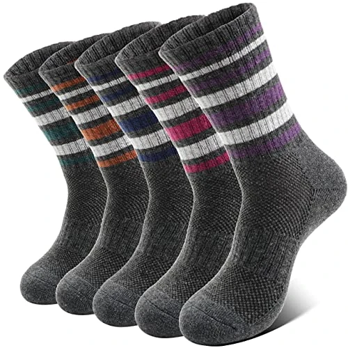 Anlisim Merino Wool Socks for Women Hiking Thermal Warm Winter Boot Work Crew Cushion Ladies Socks 5 Pairs Gift(Grey Stripe,(5 Pairs),L)