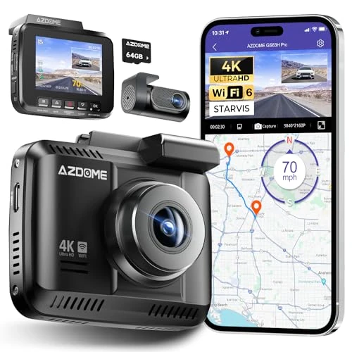 AZDOME 4K Dash Cam Front and Rear, STARVIS Night Vision, UHD 2160P WiFi Dash Camera for Cars with GPS, Included 64GB Card, 2.4" IPS Screen Dashcam, 170°Wide Angle, WDR, 24H Parking Mode (GS63H Pro)