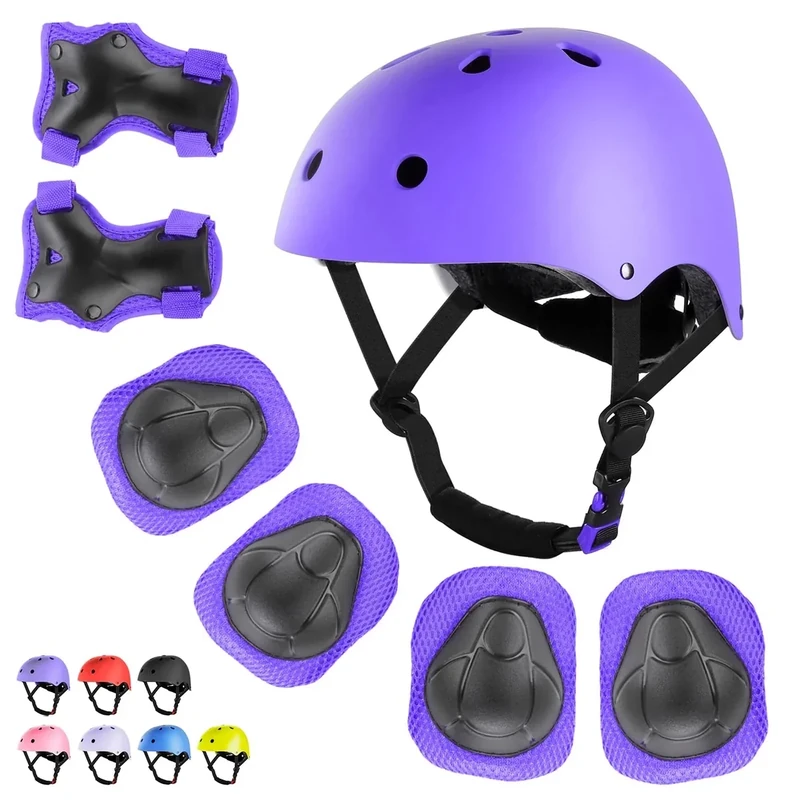 WayEee Kids Bike Helmet Set Skateboard Knee Pads, 7PCS Protective Gear Adjustable for Girls Boys 3-10 Age Elbow Pads Wrist Guards for Outdoor Sports Cycling Bike Roller Skating Scooter, Youth, Purple