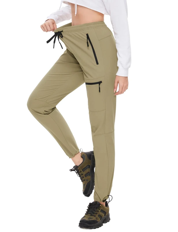 SEVEGO Womens Hiking Pants Tall Inseam 30" Athletic Cargo Pants Lightweight 4 Zipper Pockets Water Resistant Elastic Waist, Khaki, S