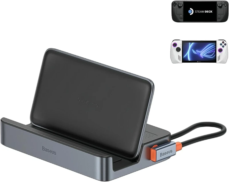 Steam Deck Dock, Baseus 6-in-1 Docking Station for Steam Deck/ROG Ally X/Legion Go with HDMI 2.0 4K@60Hz, Gigabit Ethernet, Adjustable Stand Design, 100W PD and 3 USB-A 3.0 Ports