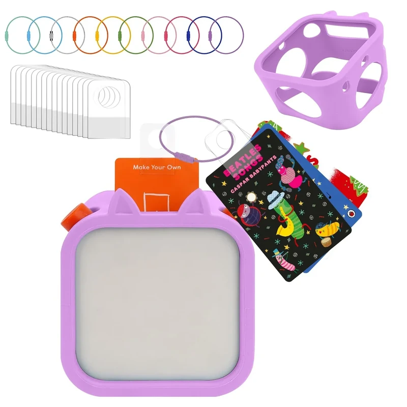 MGZNMTY Silicone Case for Yoto Player (3rd Gen.) with 100 Pcs Self-Adhesive Card Holder for Yoto Cards + 10 Pcs Removable Card Rings (Purple)