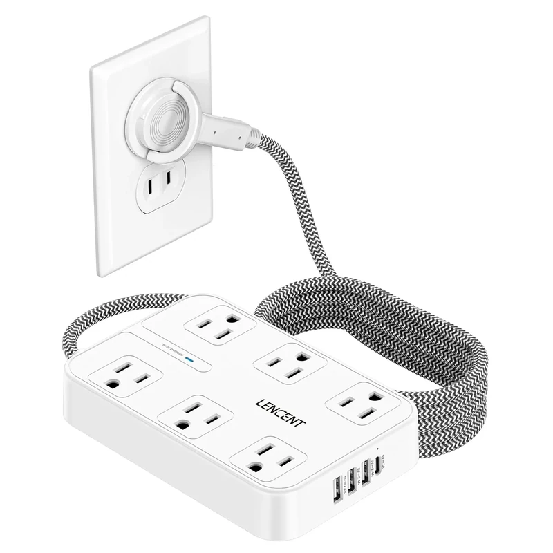 LENCENT 2 Prong Power Strip, 3 to 2 Prong Outlet Adapter, Surge Protector with 10ft Braided Extension Cord with Thin Flat Polarized Plug, 6 AC & 4 USB (1 Type-C), Wall Mount for Non-Grounded Outlet