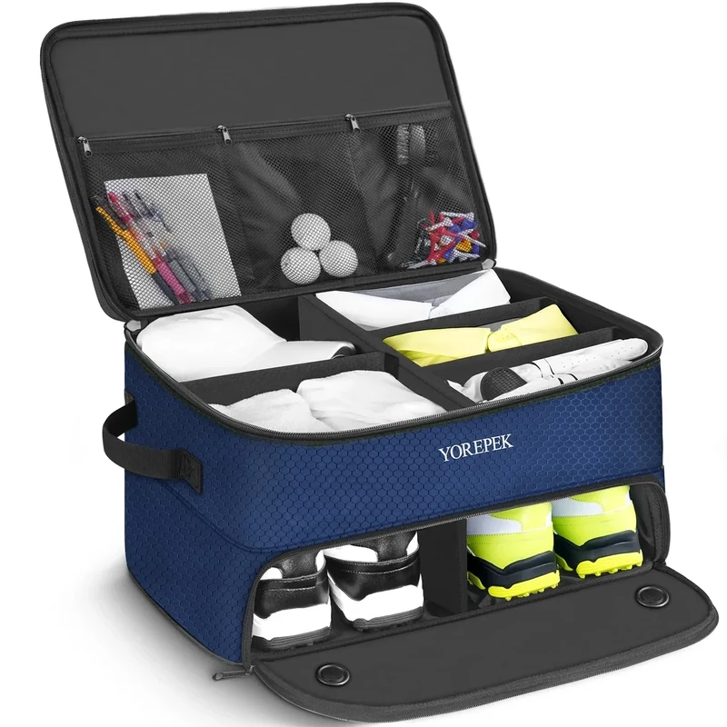 YOREPEK 2 Layer Golf Trunk Organizer for Golf Accessories for Men, Sturdy Golfing Trunk Storage Storing All Your Gear In One, Golfer Bag Storage, Golfing Gifts Birthday Gifts for Men, BLUE