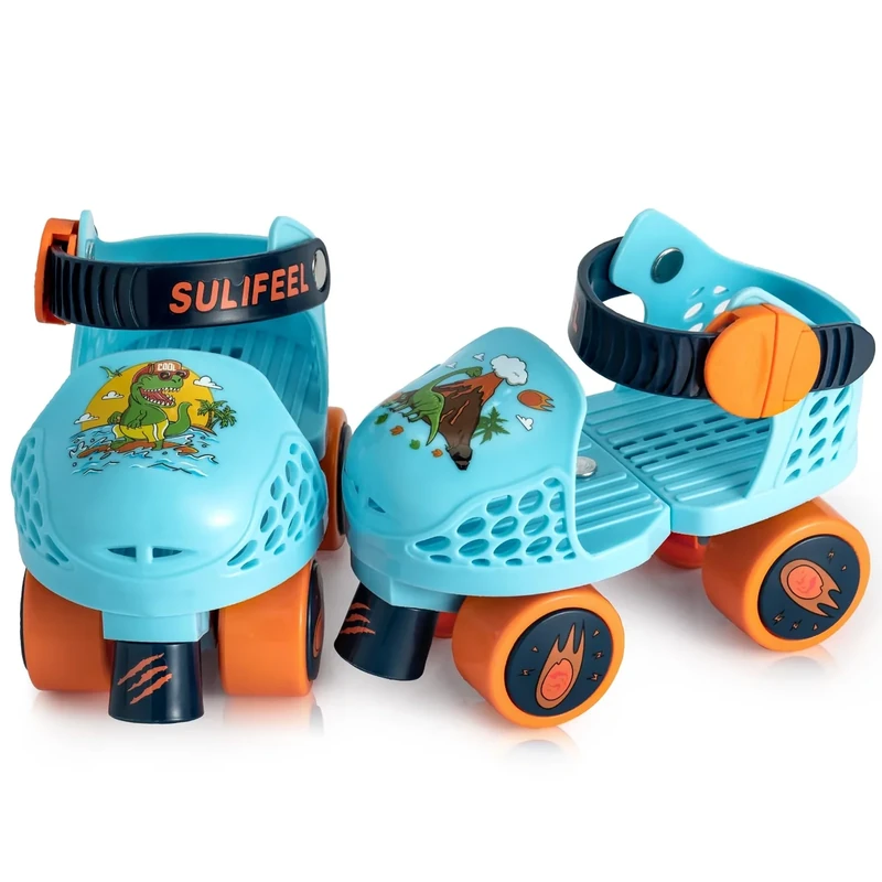 SULIFEEL Kids Adjustable Quad Roller Skates,Toddler Beginner Roller Skates Dinosaur Blue