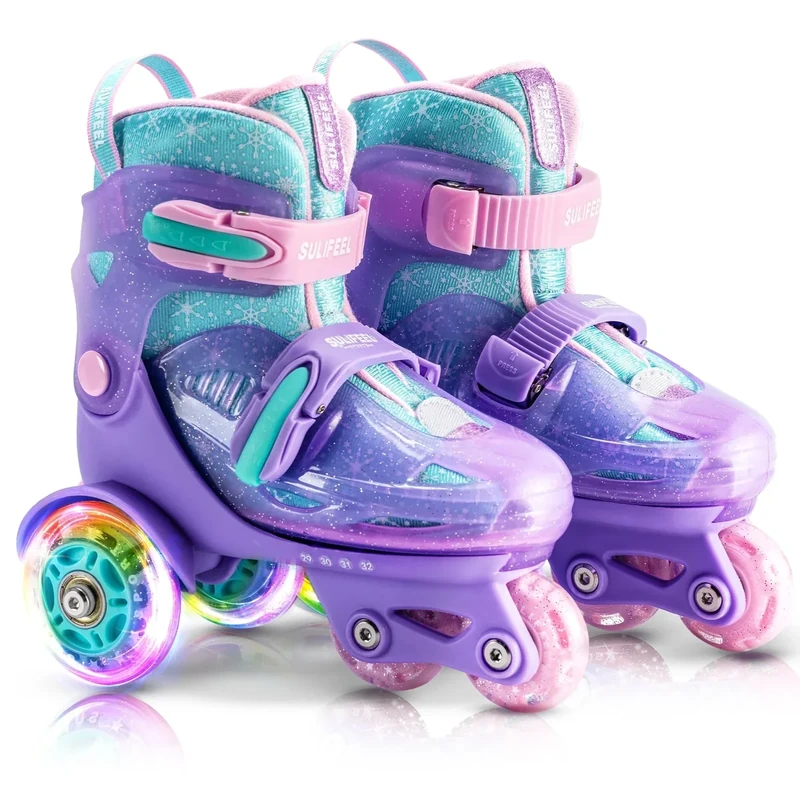 SULIFEEL Adjustable Roller Skates for Girls Boys Kids,Fun Illuminating Light Up Flash Wheels Three-Point Type Balance Suitable for Beginners Indoor Roller Skating