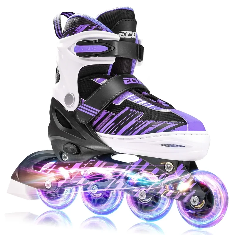 ECOO Adjustable Inline Skates Boys and Girls with Light up Wheels，Roller Skates for Kids Ages 4-12, Teen Skates for Beginner Outdoor and Indoor (Purple, Large-Youth（3-6 US）)