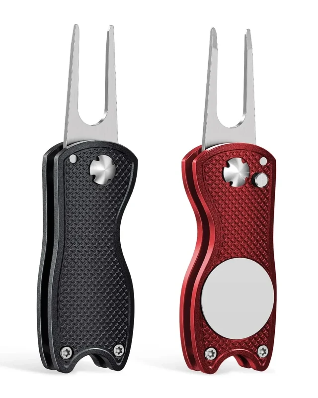 GreenHaven 2 Pack Foldable Golf Divot Repair Tool with Magnetic Ball Marker and Pop-up Button Green Tool Accessories with Metal Fork Tine and Metal Handle for Golfers，Black&red