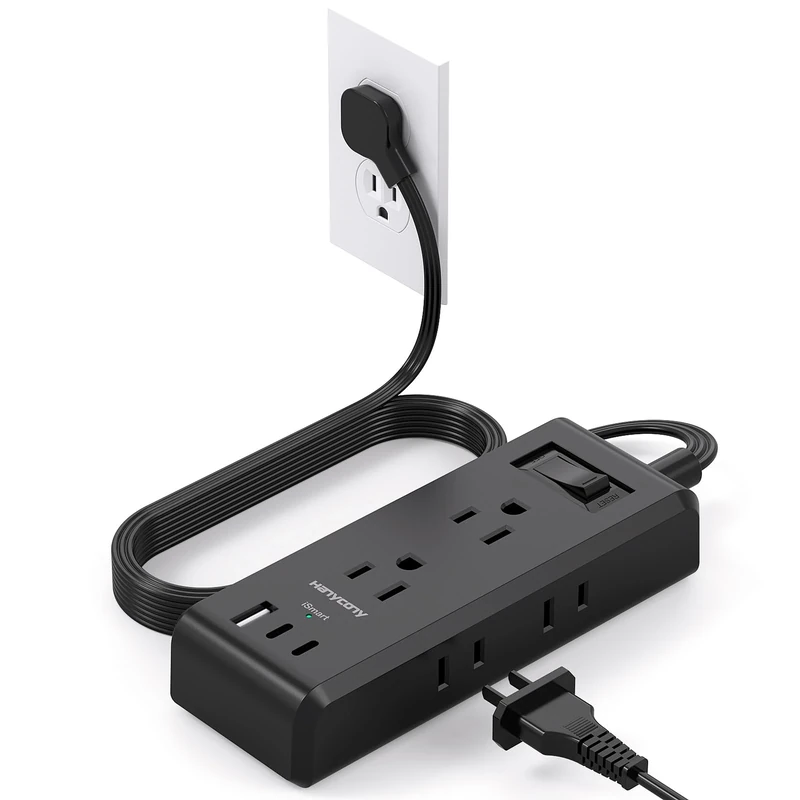 HANYCONY 5ft Ultra Flat Power Strip - 6 Outlets + 3 USB (2 USB-C)