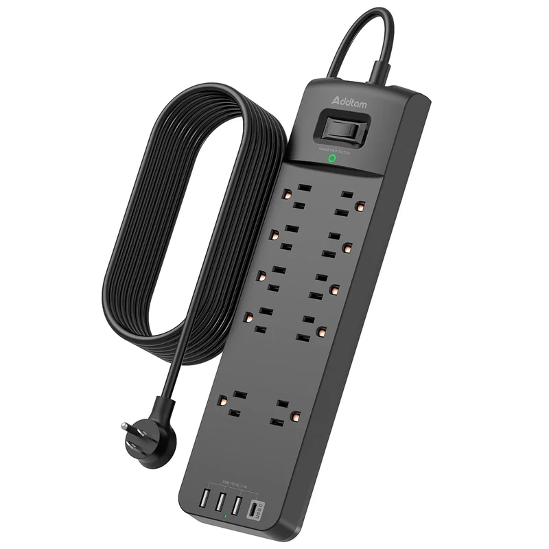 Addtam 12FT Surge Protector Power Strip - 10 Outlets, 4 USB, 2700J