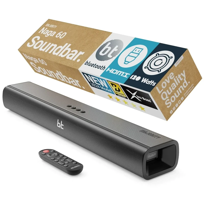 Majority Bluetooth 120W TV Sound Bar for Smart TV, 24 Inch, 2.1 Channel, 3D Sound with Built-in Subwoofer | EQ Control, HDMI Arc, Optical, AUX, Remote, and Wall Mountable Naga 60 Soundbar for TV