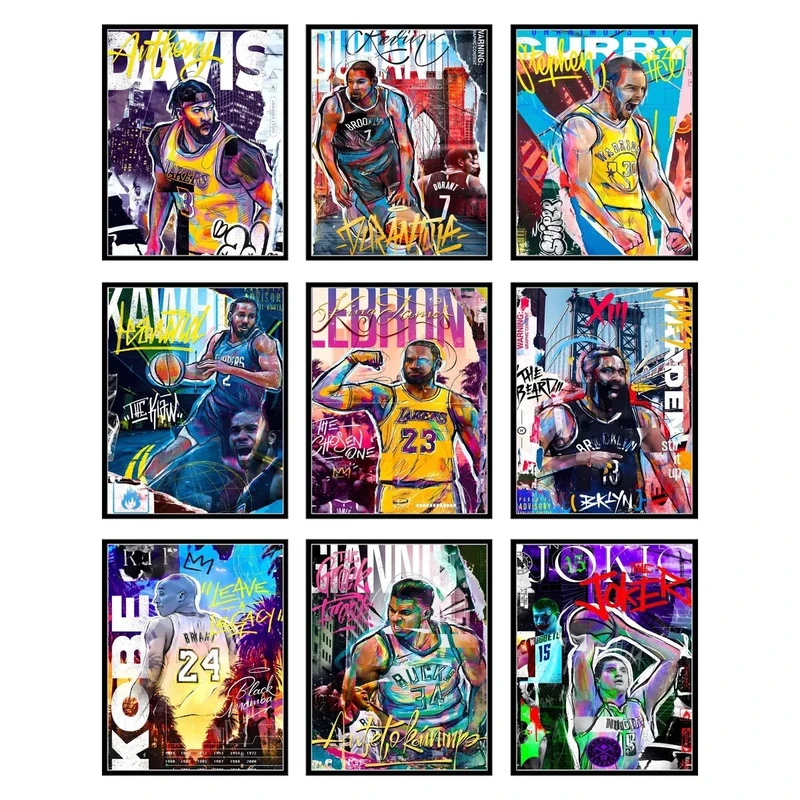 Bigwig Prints Basketball Posters for Boys Bedroom - Basketball Room Decor, Nba Posters, Steph Curry, Kobe Bryant Wall Art, Kevin Durant, Lebron James, Sports Art For Bedroom - Unframed Set of 9 (8x10)