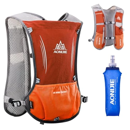 Azarxis Hydration Running Vest Backpack Pack 5L for Women and Men Jogging Trail Race Marathon Cycling Hiking (Orange with 500ml Soft Flask)
