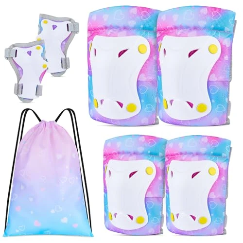 FIODAY Knee Pads for Kids Toddler Knee Pads and Elbow Pads Wrist Guards with Drawstring Bag Adjustable Protective Gear Set for Girls Boys Skating Cycling Skateboard Scooter,9-15 Years,Pink Purple