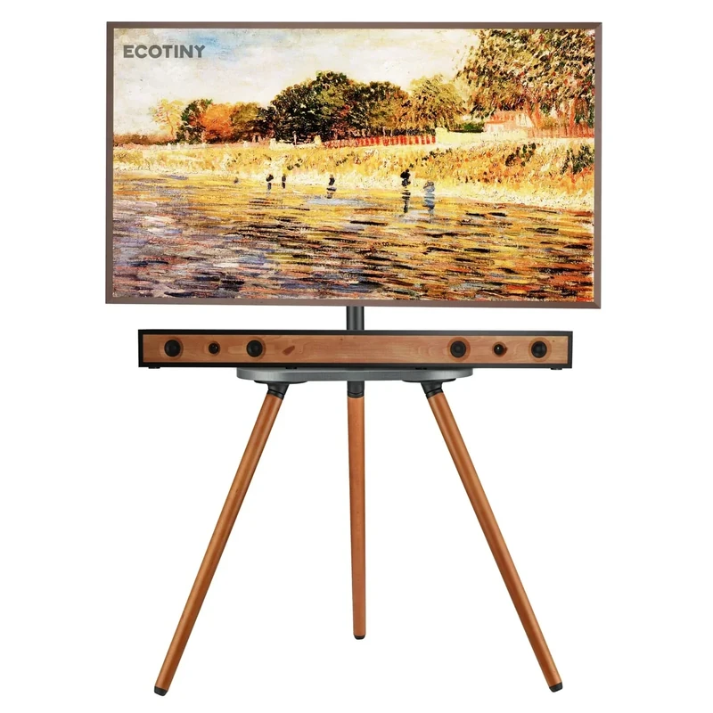 ECOTINY Tripod Easel TV Stand for 43 to 65 Inch LCD LED OLED Screen, Height Adjustable and Swievel TV Stand, Portable Corner TV Floor Stand with Wooden Tray, VESA 400x400mm, Minimalist Black Walnut