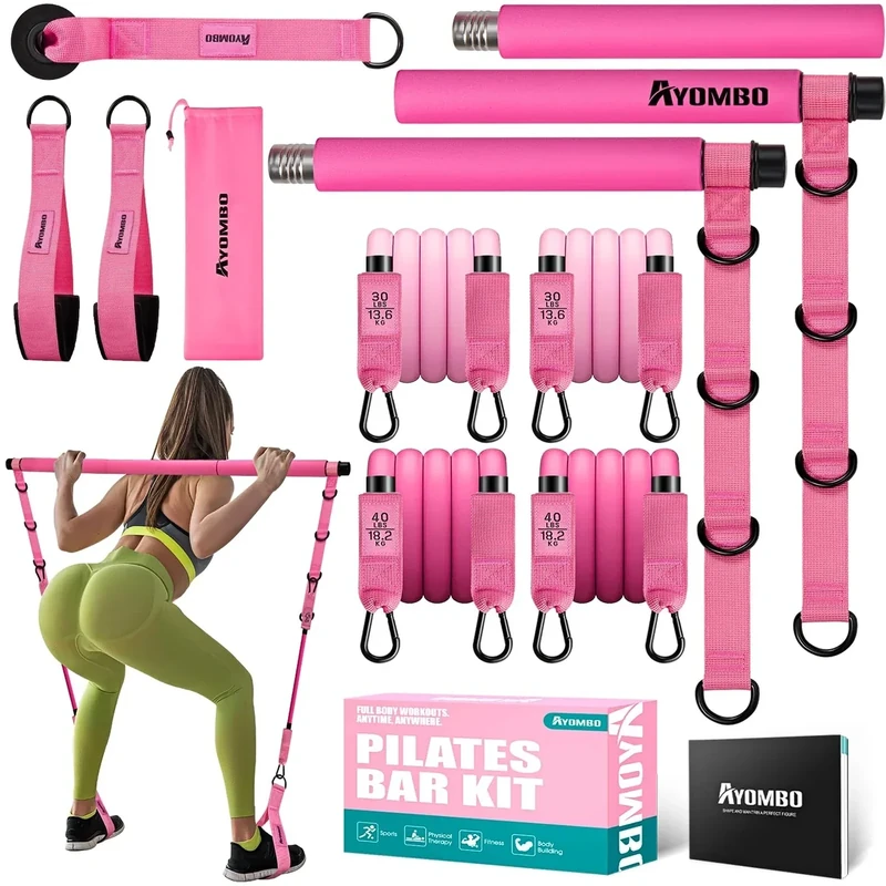 Ayombo Pilates Bar Kit with Resistance Bands, Adjustable Pilates Equipment for Legs, Hip, Waist, Arm, Squats Exercise Equipment for Home Gym Workouts, 3-Section Pilates Bar Kit for Women & Men
