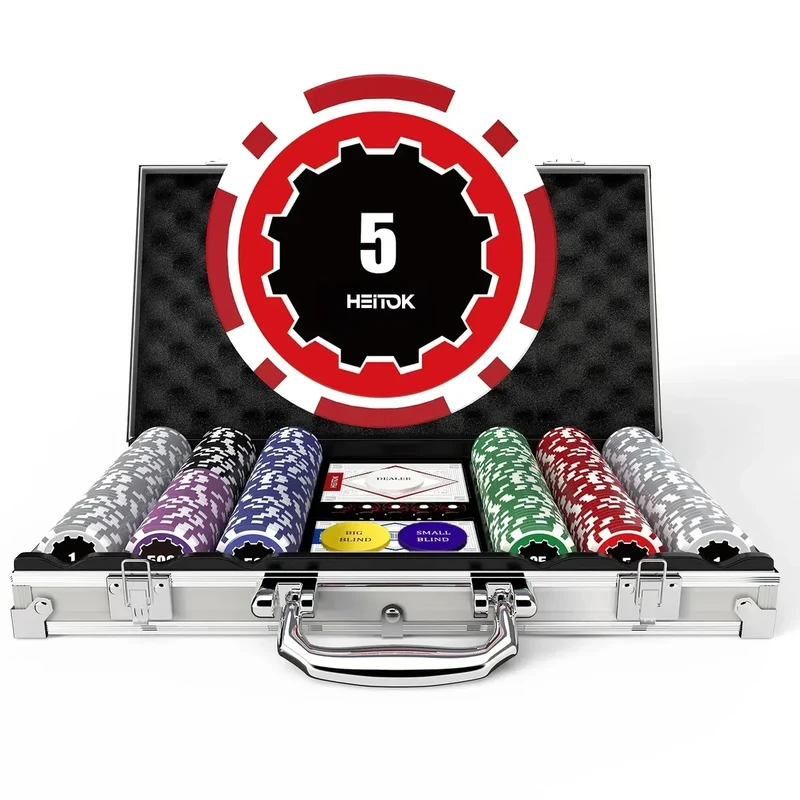 Poker Chips with Denominations, 300-pcs 11.5g Weighted Numbered Casino Chips Set, 5 Dice, 2 Decks with Compact Aluminum Case for Texas Hold'em, Blackjack, Age 8 and Plus