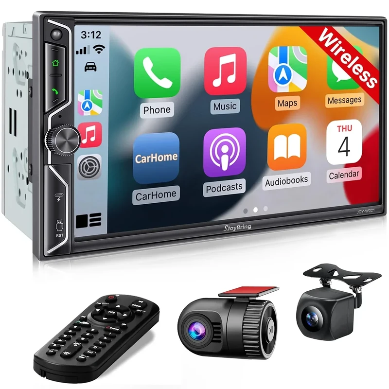 SJOYBRING 7" QLED Car Stereo - CarPlay & Android Auto, 240W, Dash Cam