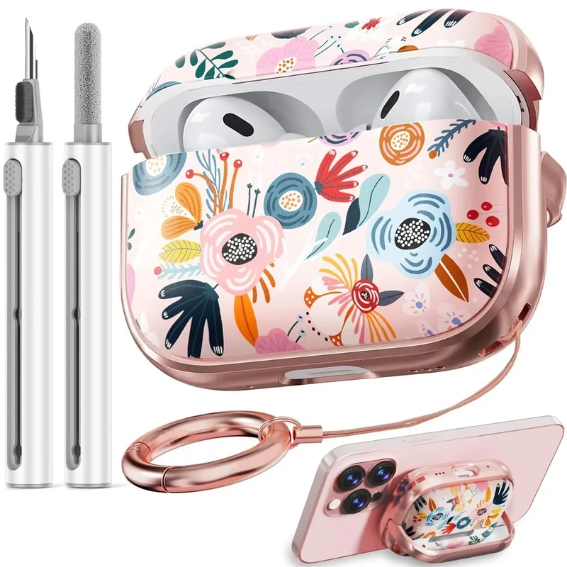 Inesore AirPods Pro 2 Case with Lock - Cute Pink Flowers + Cleaner Kit