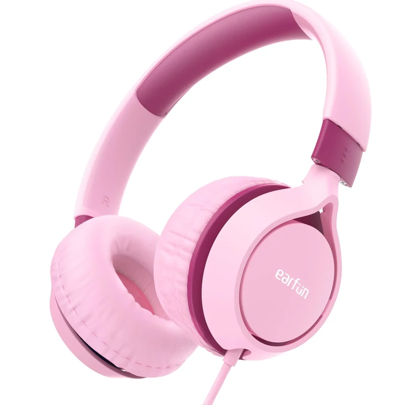 EarFun S1 Kids Headphones, Foldable Wired Headphones for Kids, 85dB Volume Limit, Stereo Sound, Adjustable Headband, Portable Lightweight On-Ear Headphone for School/Travel/Boys/Girls/PC, Pink