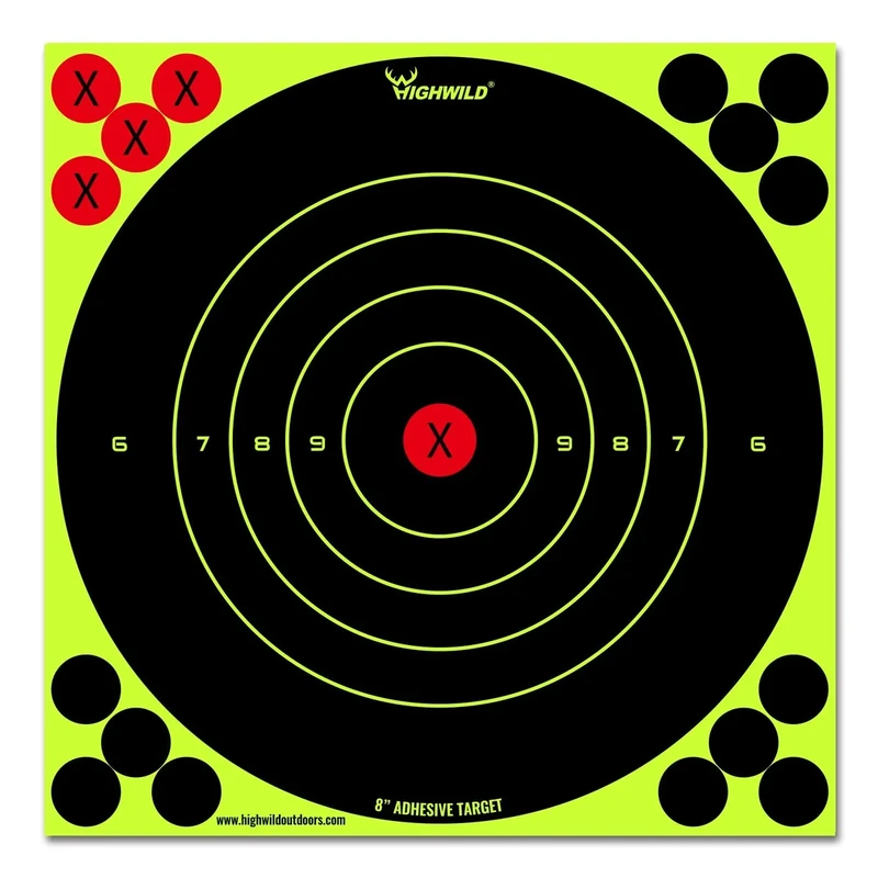 Highwild 8X8 Inch Splatter Adhesive Bullseye Fluorescent Yellow Shooting Target Stickers - Suitable for Handguns, Rifles, BB Guns, Airsoft, Pellet Guns - 25Pack