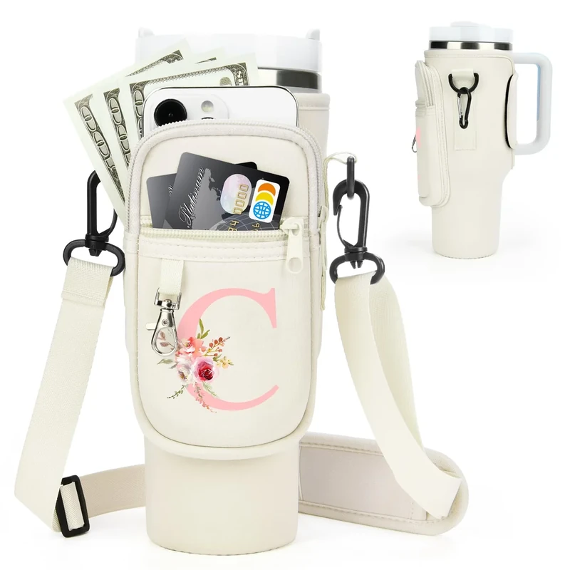 Initial Water Bottle Holder with Strap for Stanley Cup Accessories 40 oz Tumbler/Simple Modern Tumbler Bag, Water Bottle Carrier Bag with Strap for Men Women Gift Hiking, Travel, Camping, Walking Gym