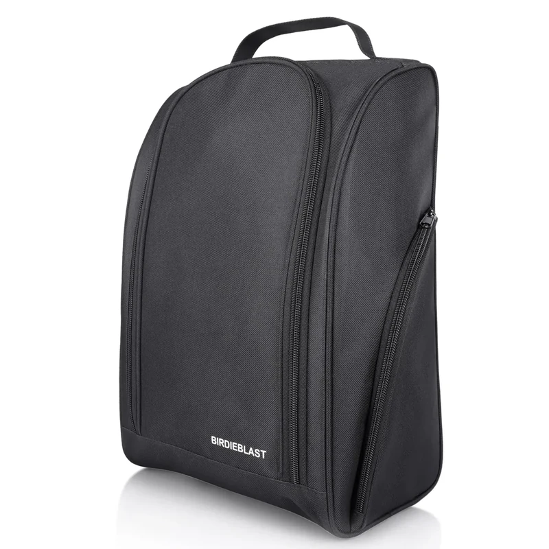 BIRDIEBLAST Golf Shoe Bag, Zipper Sports Shoe Strap Bag with Side Accessory Pocket for Storing Golf Accessories, Padded Golf Shoe Carry Bags with Clasped Strap Handle (Black)