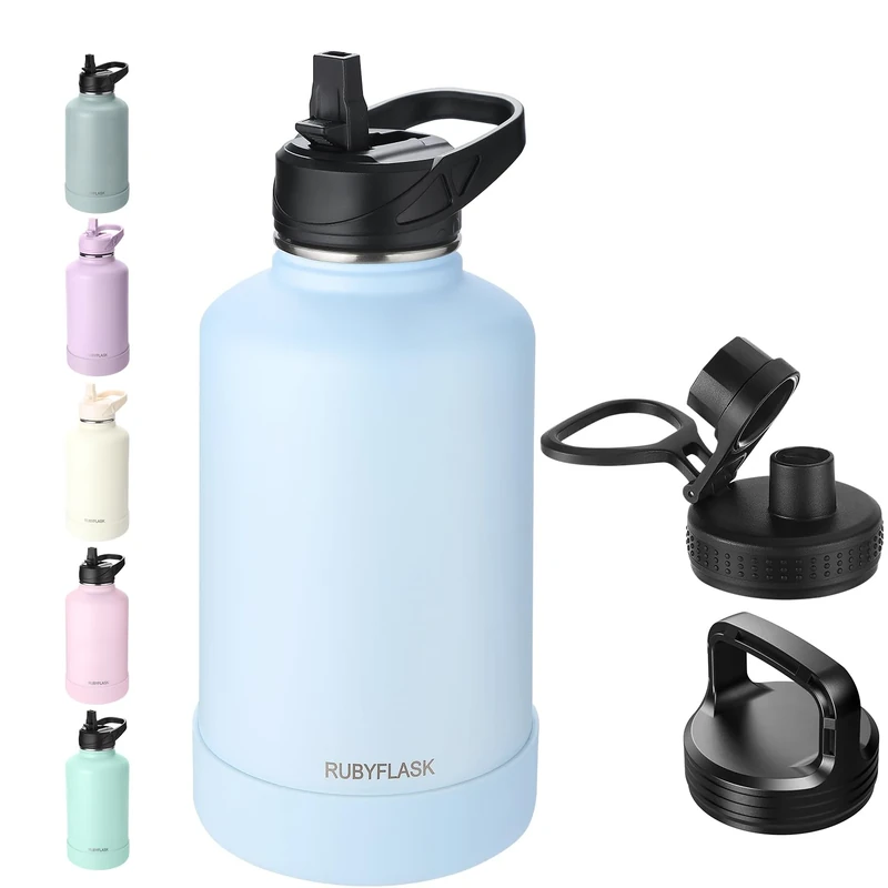RUBYFLASK 64oz Insulated Water Bottle with Straw, Half Gallon Stainless Steel Vacuum Water Jug, Large Thermal Water Bottle Flask with Leakproof 3 Lids for Travel, Camping, Gym Sports Light Blue