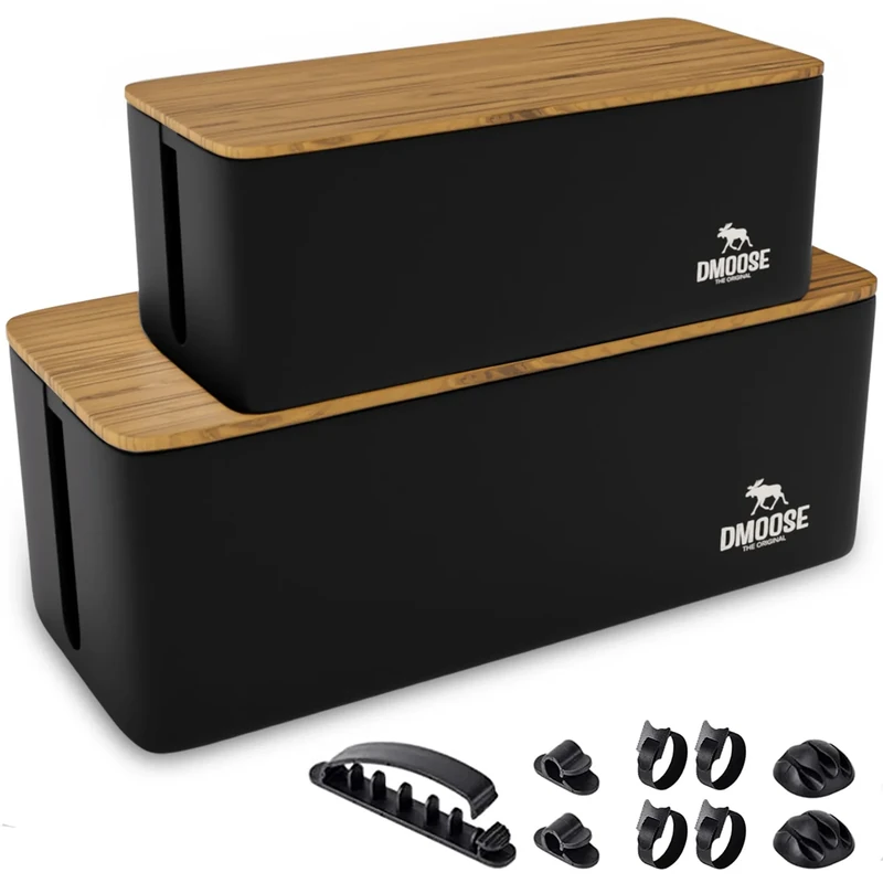 DMoose 2-Pack Cable Management Box - Medium & Large, Wood Lid